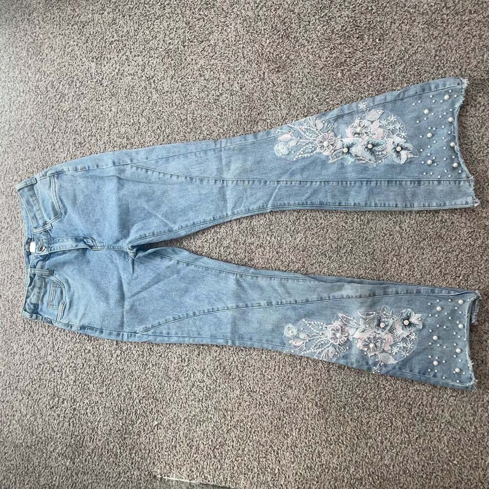 Venus Floral Boho Pearl Embellished Flare Jeans with Frayed Hem Size 4 - Picture 2 of 10
